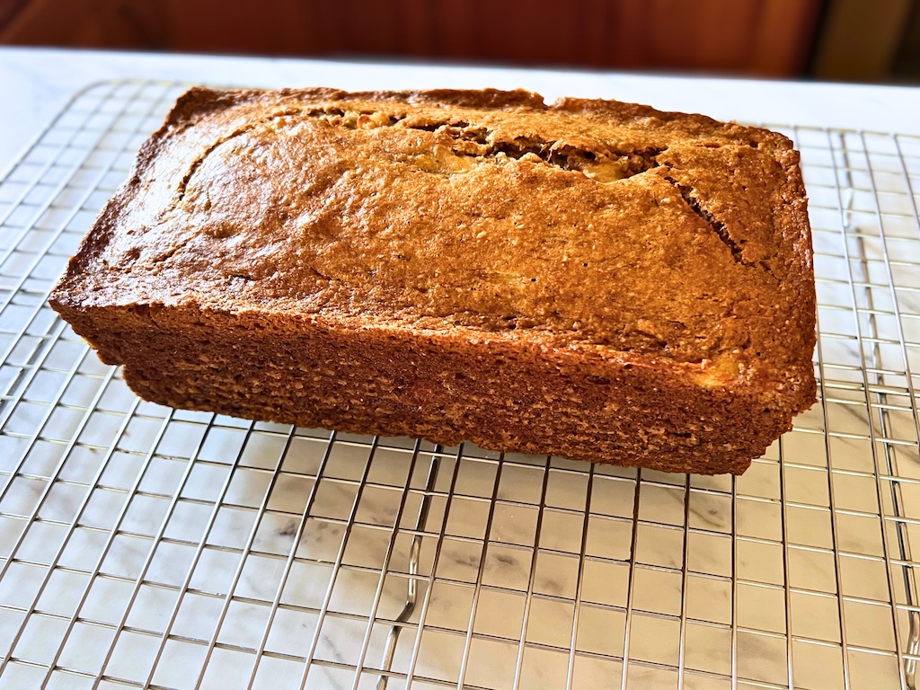 banana bread on a wire rack